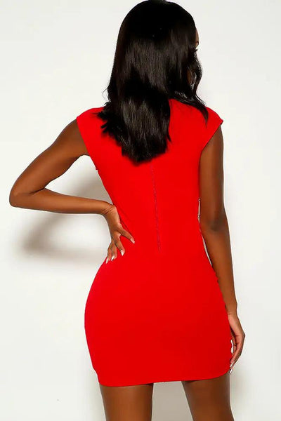 Red Short Sleeve Zipper Accent Party Dress - AMIClubwear