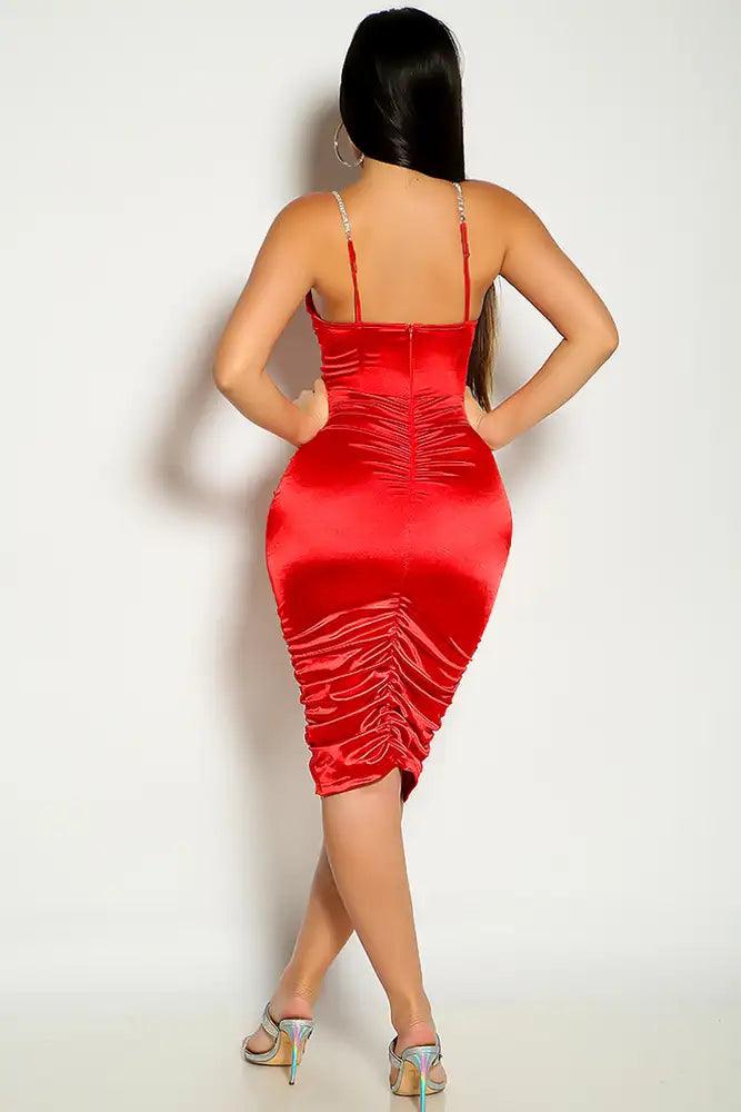 Red Sleeveless Boned Faux Satin Ruched Party Dress - AMIClubwear