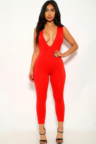 Red Sleeveless Deep V-Cut Jumpsuit - AMIClubwear