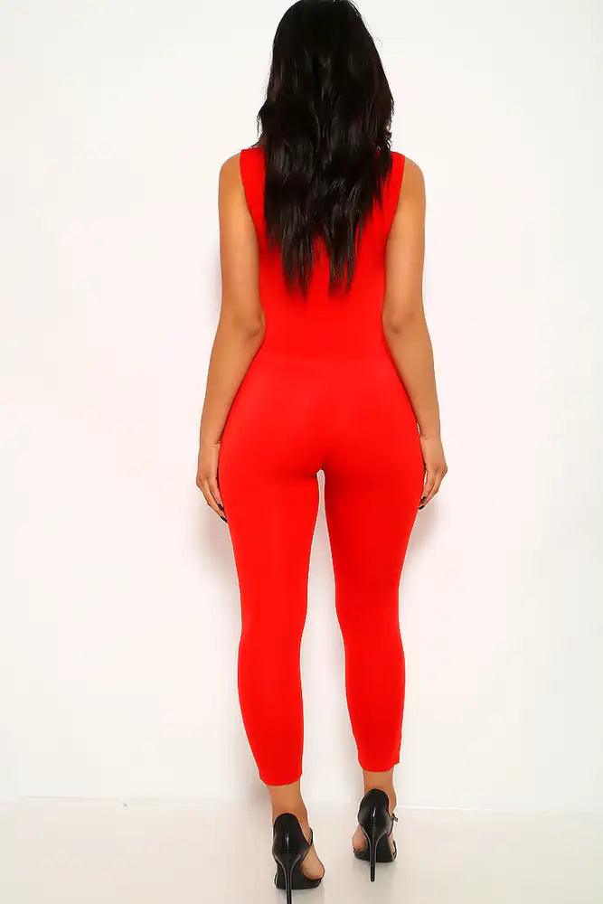 Red Sleeveless Deep V-Cut Jumpsuit - AMIClubwear