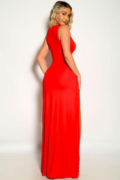 Red Sleeveless Double High Slit Maxi Dress - AMIClubwear