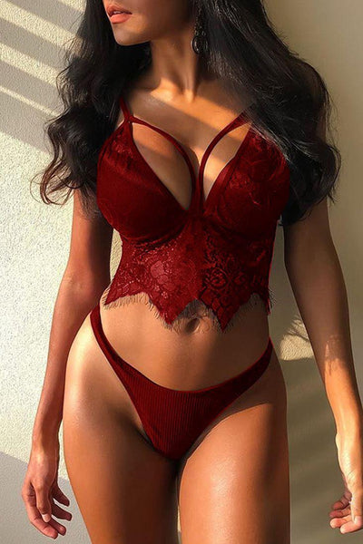 Red Sleeveless Eyelash Lace Two Piece High Waist Sexy Lingerie - AMIClubwear