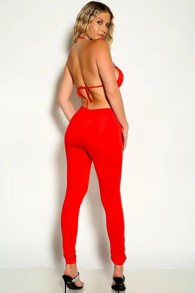 Red Sleeveless Halter Cut Out Sexy Jumpsuit - AMIClubwear