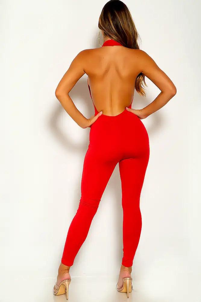 Red Sleeveless halter Jumpsuit - AMIClubwear
