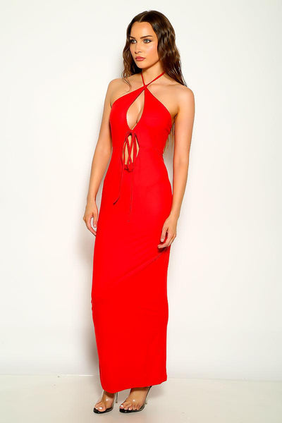 Red Sleeveless Halter Strappy Maxi Party Dress - AMIClubwear