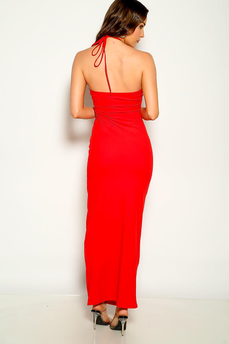Red Sleeveless Halter Strappy Maxi Party Dress - AMIClubwear
