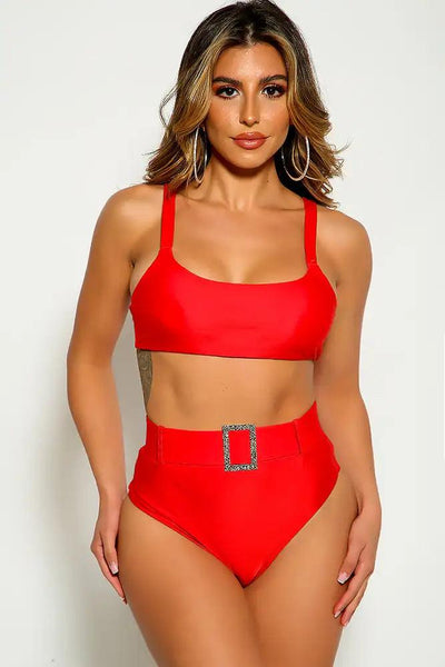 Red Sleeveless High Waist Rhinestone Detail Two Piece Swimsuit - AMIClubwear