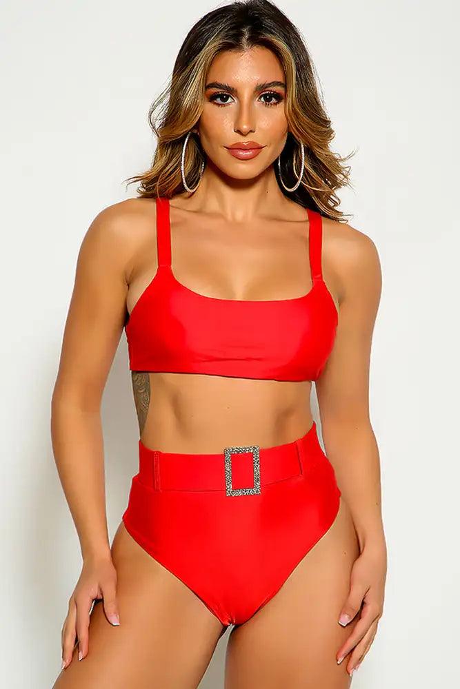 Red Sleeveless High Waist Rhinestone Detail Two Piece Swimsuit - AMIClubwear