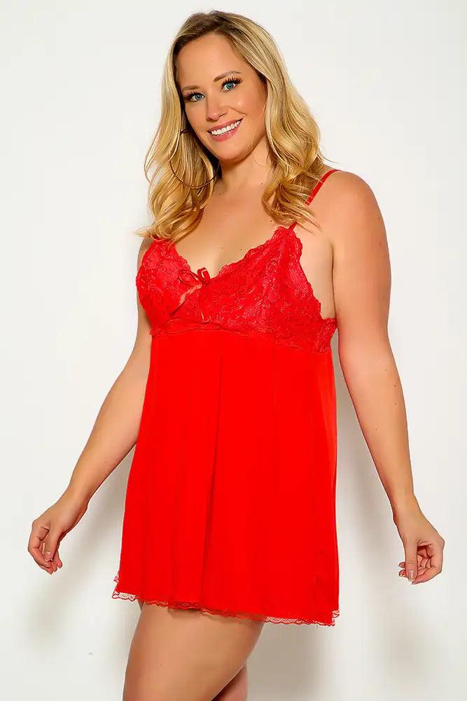 Red Sleeveless Lace Detail Sexy Plus Sexy Chemise Lingerie - AMIClubwear