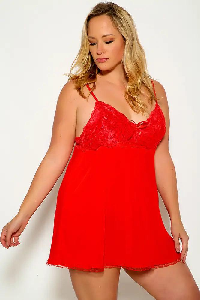 Red Sleeveless Lace Detail Sexy Plus Sexy Chemise Lingerie - AMIClubwear