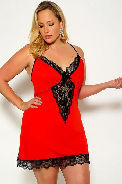 Red Sleeveless Lace Leopard Plus Size Chemise - AMIClubwear