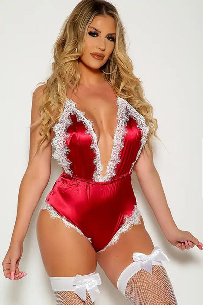 Red Sleeveless Lace Trim Sexy One Piece Lingerie - AMIClubwear