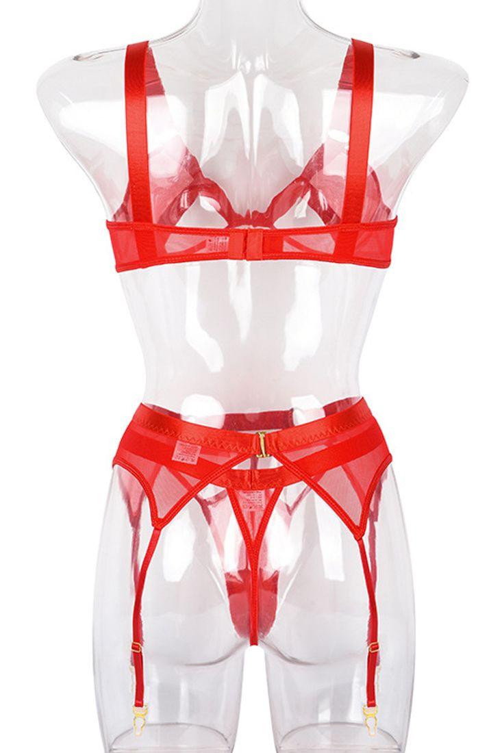 Red Sleeveless O-ring Detail Mesh Strappy Three Piece Lingerie - AMIClubwear