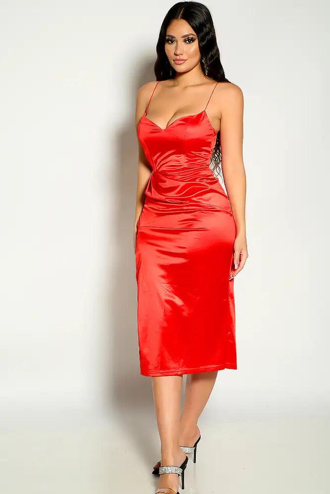 Red Sleeveless Satin Knee Length Party Dress - AMIClubwear