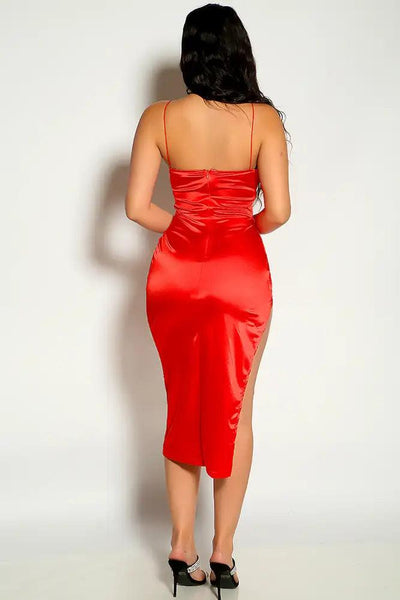 Red Sleeveless Satin Knee Length Party Dress - AMIClubwear