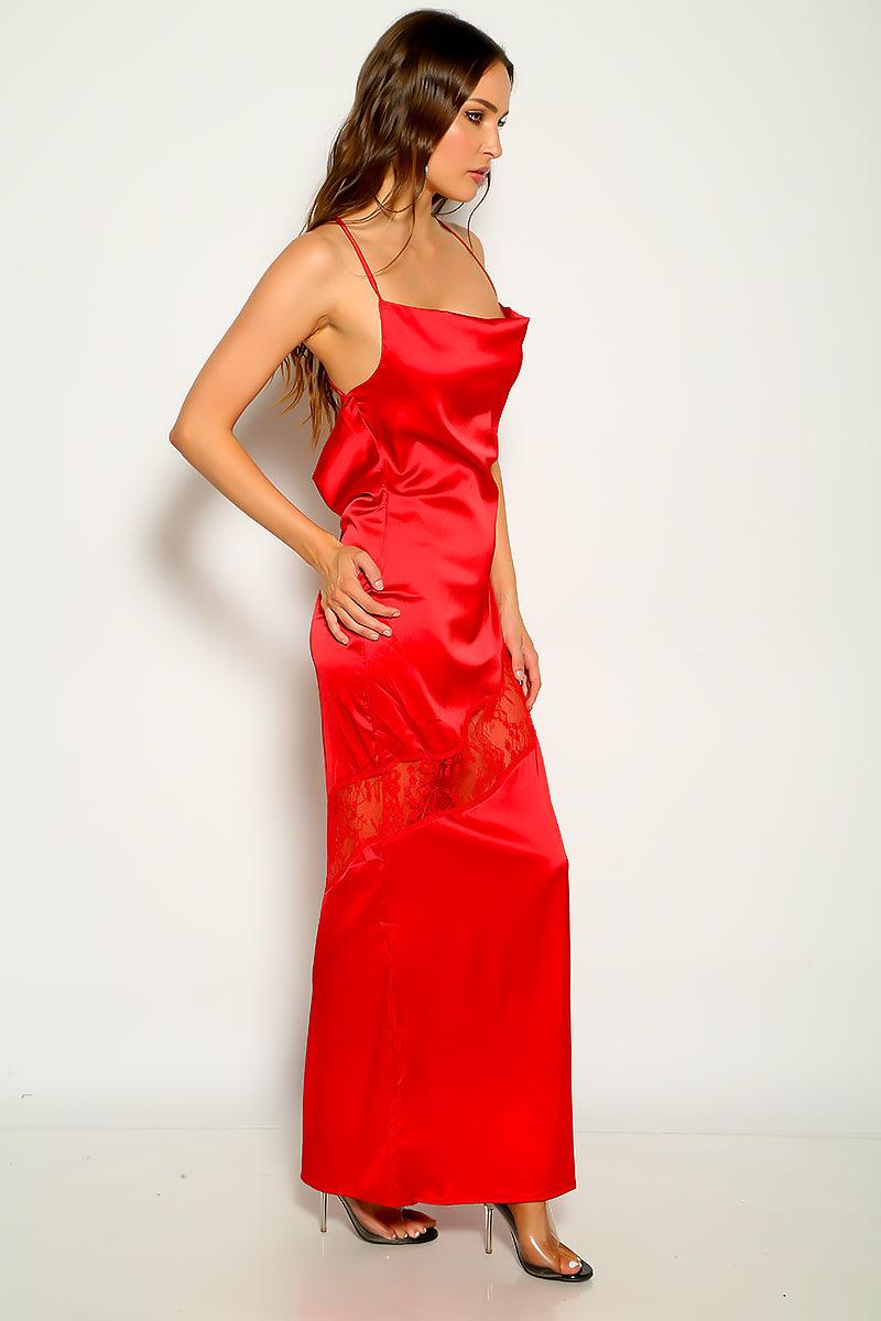 Red Sleeveless Satin Lace Embroidered Maxi Party Dress - AMIClubwear