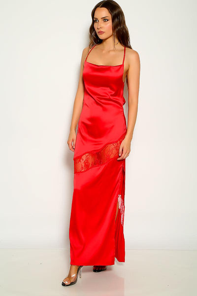 Red Sleeveless Satin Lace Embroidered Maxi Party Dress - AMIClubwear