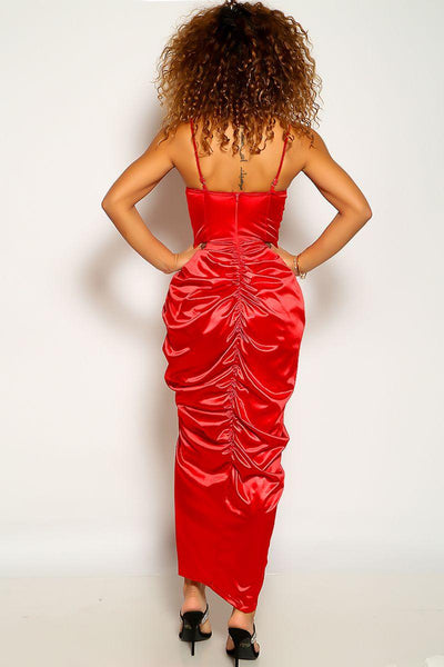 Red Sleeveless Satin Ruched Slit Midi Sexy Party Dress - AMIClubwear
