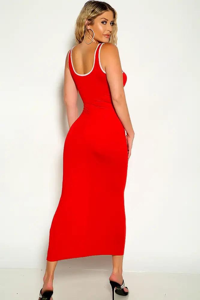 Red Sleeveless Scooped Neckline White Trimmed Maxi Dress - AMIClubwear