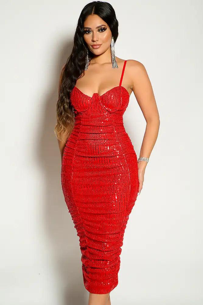 Red Sleeveless Sequins Ruched Detail Party Dress - AMIClubwear