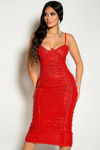 Red Sleeveless Sequins Ruched Detail Party Dress - AMIClubwear