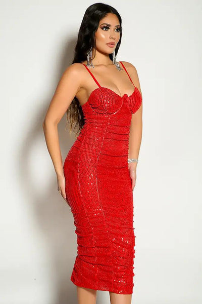 Red Sleeveless Sequins Ruched Detail Party Dress - AMIClubwear