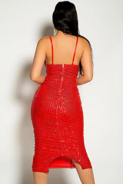 Red Sleeveless Sequins Ruched Detail Party Dress - AMIClubwear