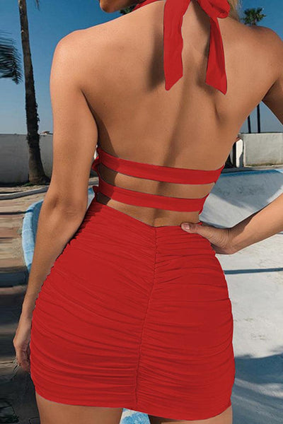 Red Sleeveless Strappy Halter Party Dress - AMIClubwear