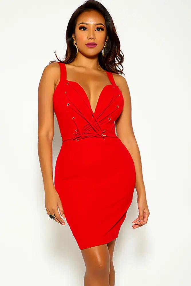 Red Sleeveless Strappy V-Cut Neckline Party Dress - AMIClubwear