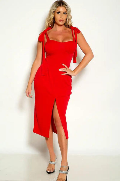 Red Sleeveless Tie Straps Side Slit Party Dress - AMIClubwear