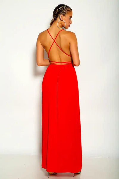 Red Sleeveless V-Cut Belted Maxi Party Dress - AMIClubwear