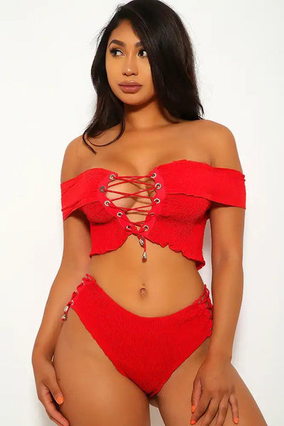 Red Smocked Off The Shoulders High Waist Two Piece Swimsuit - AMIClubwear