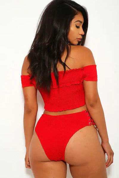 Red Smocked Off The Shoulders High Waist Two Piece Swimsuit - AMIClubwear