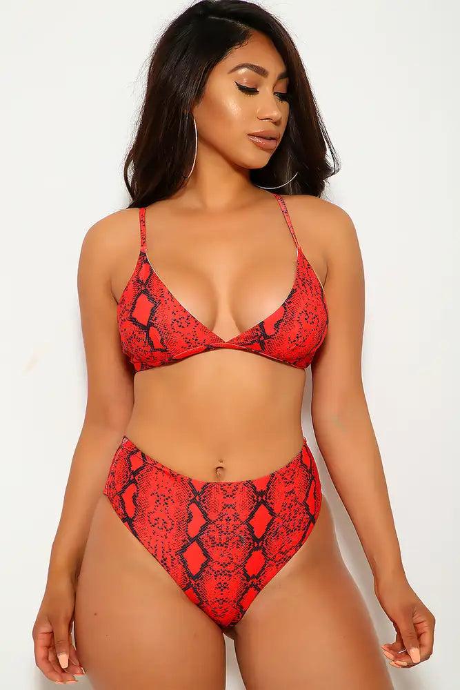 Red Snake Print High Waist Two Piece Swimsuit - AMIClubwear