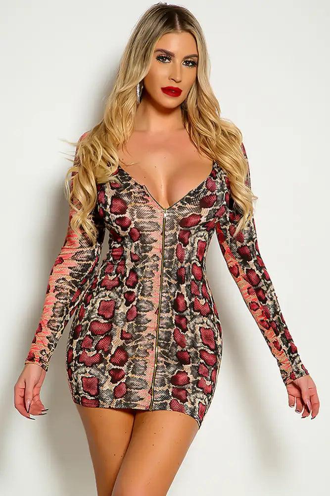 Red Snake Print Long Sleeve Zip Up Hooded Party Dress - AMIClubwear