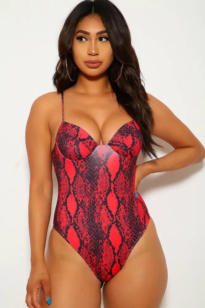 Red Snake Print One Piece Swimsuit - AMIClubwear