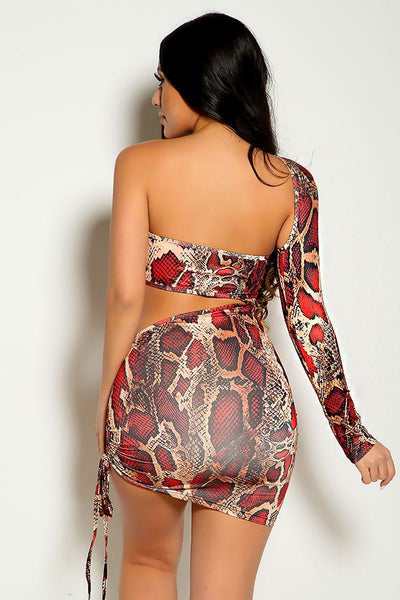 Red snake Print One Shoulder Cut Out Ruched Sexy Party Dress - AMIClubwear