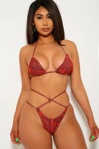 Red Snake Print Strappy Two Piece Swimsuit - AMIClubwear