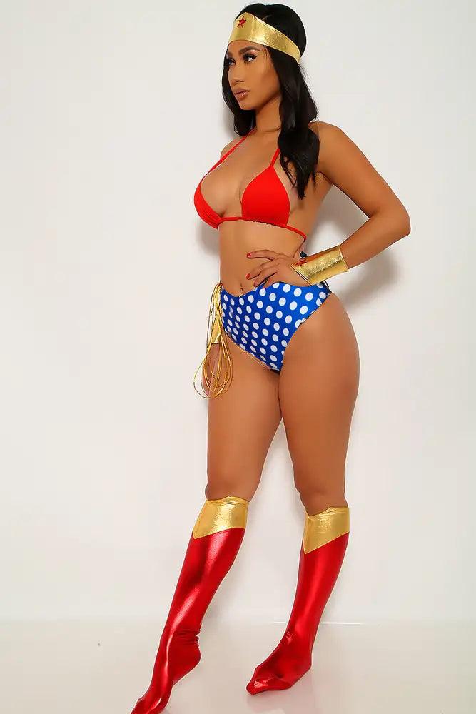 Red Gold Dot Print Sexy 7 Piece Wonder Woman Costume – AMIClubwear