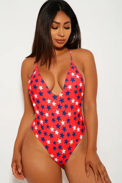 Red Star Print Cheeky One Piece Swimsuit - AMIClubwear