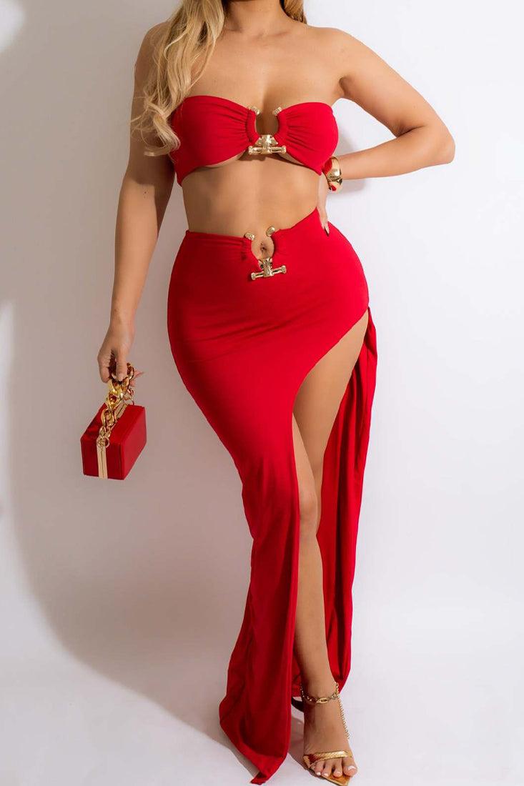 Red Strapless Rhinestone Accent Two Piece Dress - AMIClubwear