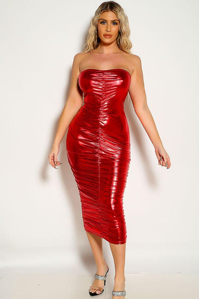 Red Strapless Ruched Metallic Party Dress - AMIClubwear