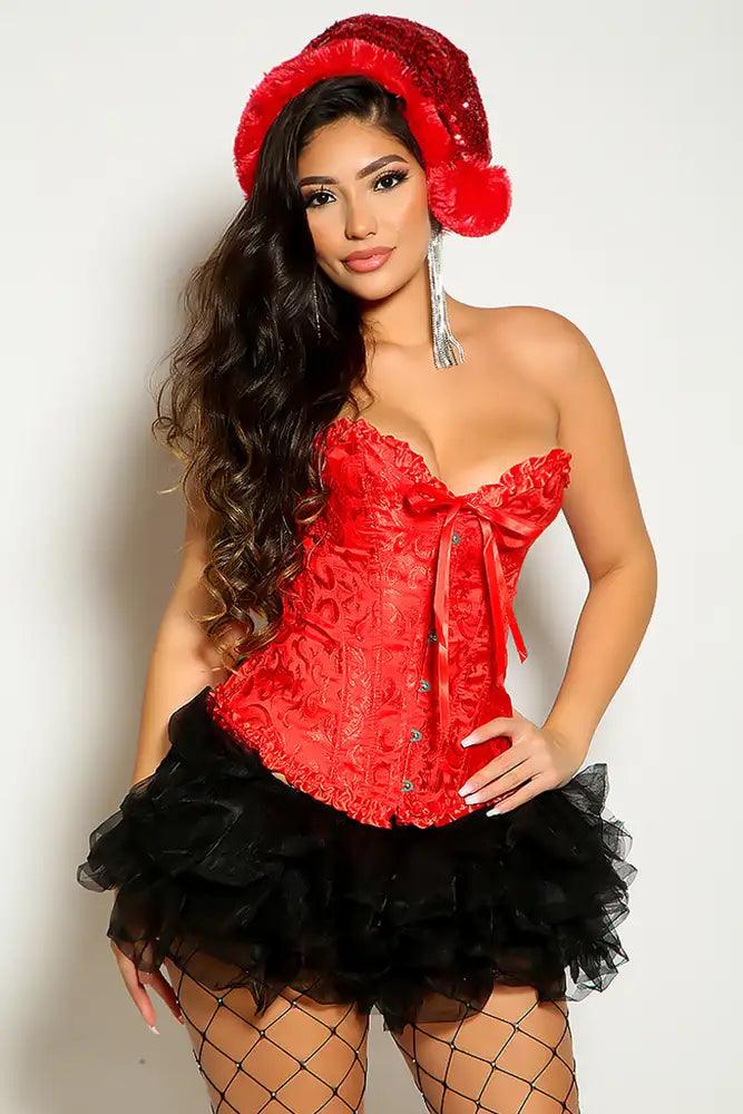 Red Strapless Ruffle Back Lace Up Versatile Holiday Corset - AMIClubwear