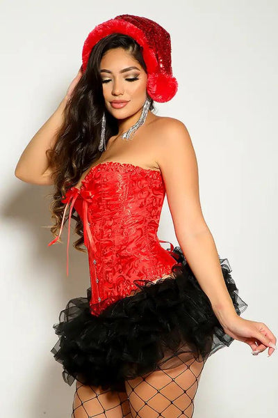 Red Strapless Ruffle Back Lace Up Versatile Holiday Corset - AMIClubwear