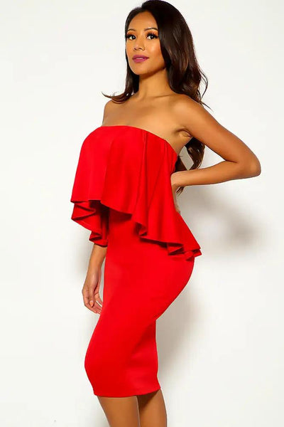 Red Strapless Ruffled Party Dress - AMIClubwear