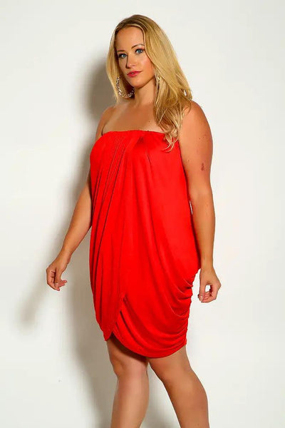 Red Strapless Side Slit Party Dress - AMIClubwear