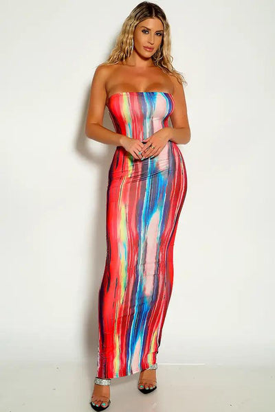 Red Strapless Two Tone Maxi Dress - AMIClubwear
