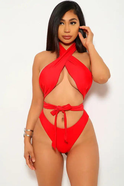 Red Strappy Criss Cross Two Piece Swimsuit - AMIClubwear