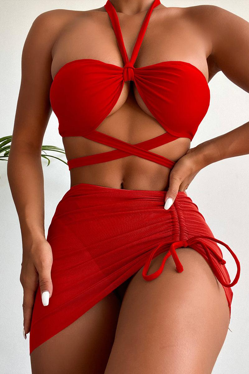 Red Strappy Halter Three Piece Swimsuit - AMIClubwear