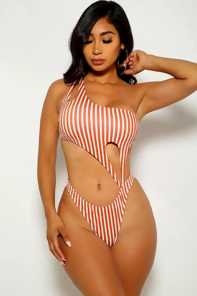 Red Stripe Print One Piece Monokini - AMIClubwear